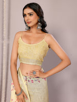Thumbnail for Janasya Light Yellow Cotton Linen Floral Printed Saree
