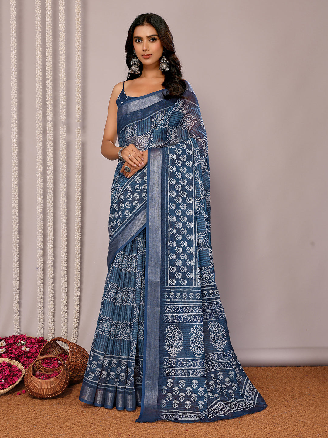 Janasya Navy Blue Cotton Linen Block Print Printed Saree