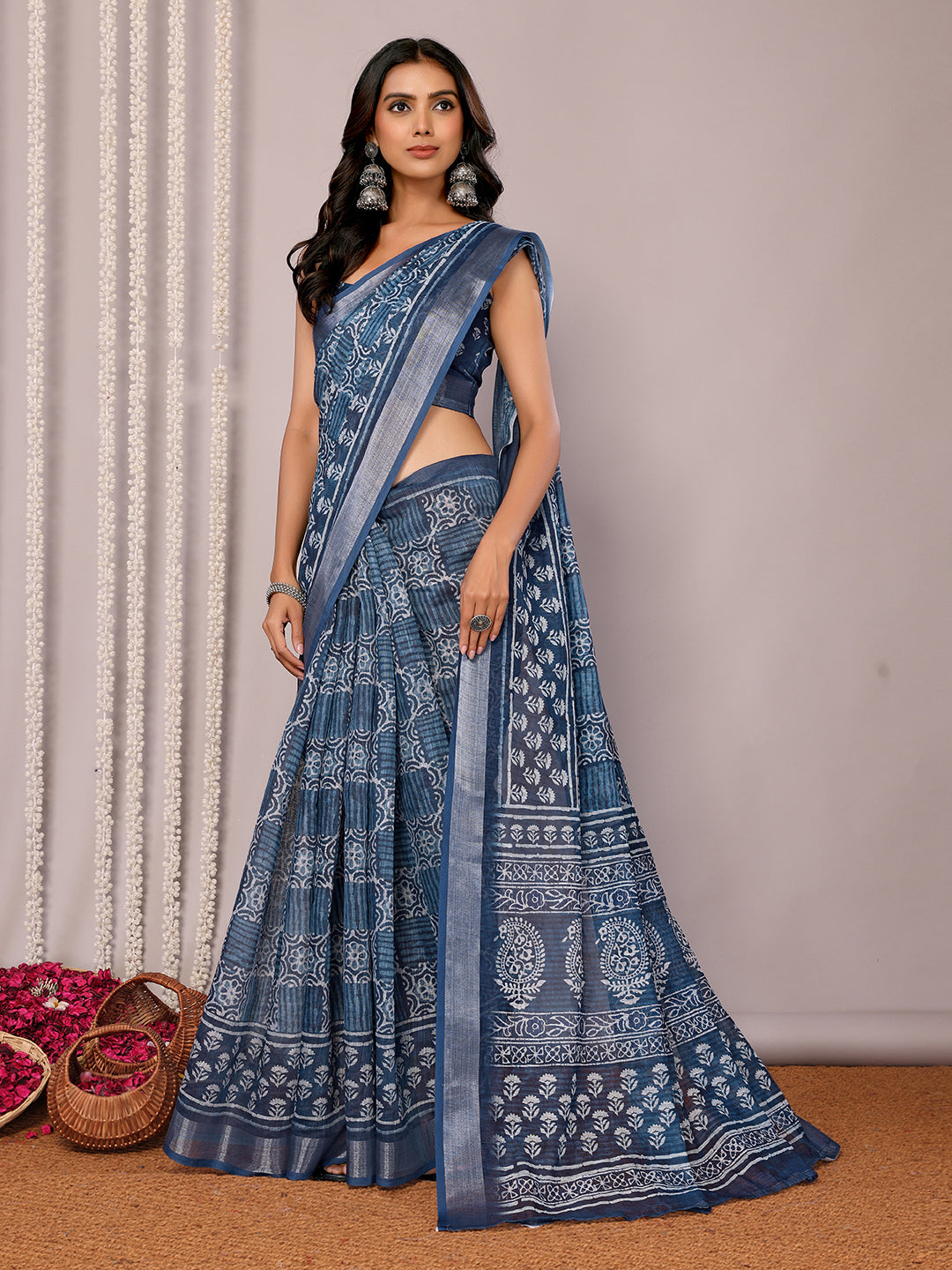 Janasya Navy Blue Cotton Linen Block Print Printed Saree
