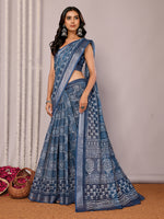 Thumbnail for Janasya Navy Blue Cotton Linen Block Print Printed Saree