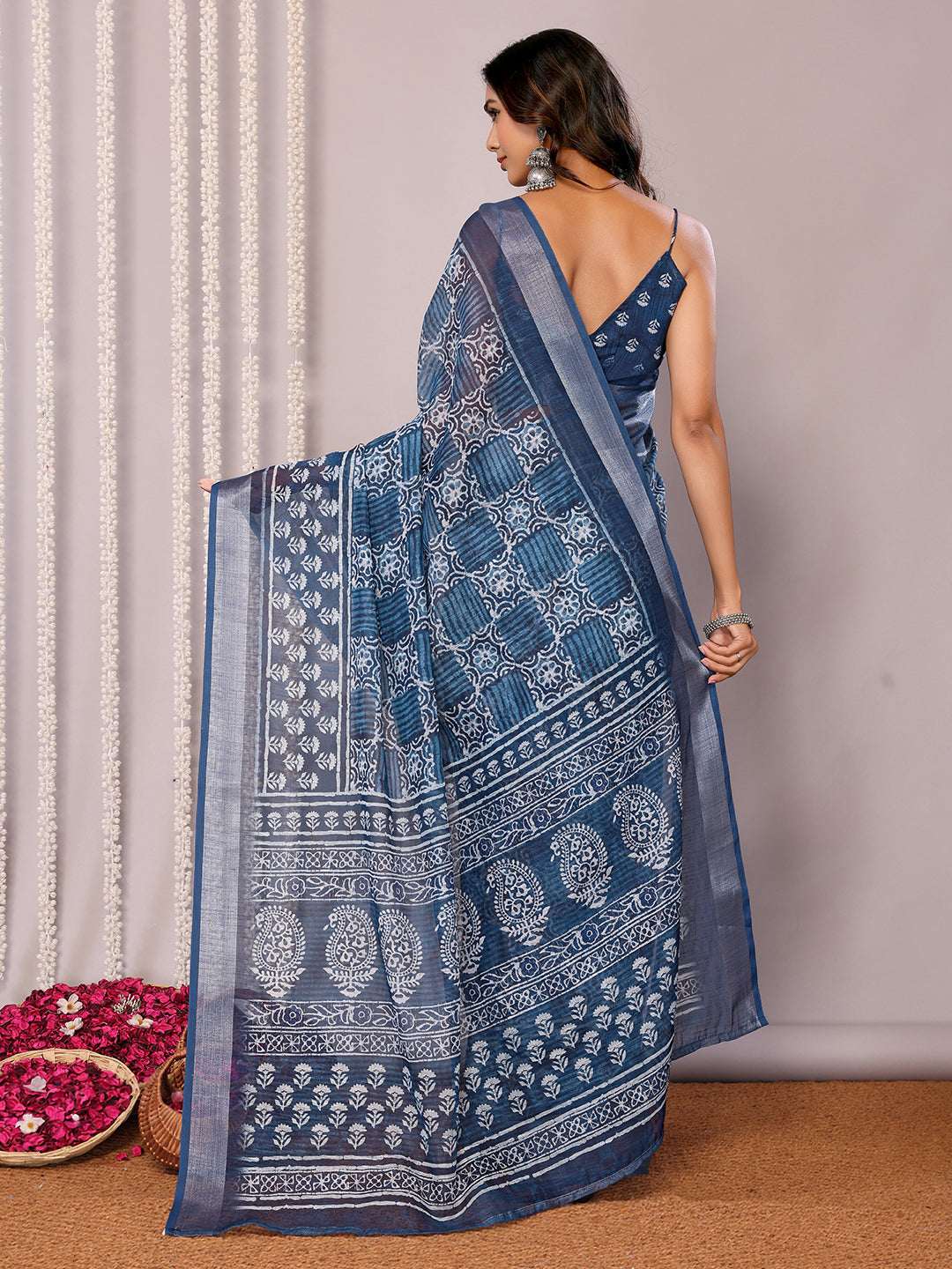 Janasya Navy Blue Cotton Linen Block Print Printed Saree