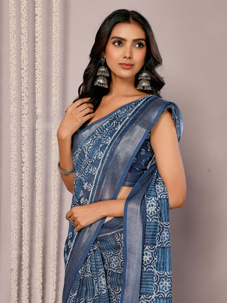 Janasya Navy Blue Cotton Linen Block Print Printed Saree