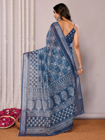 Thumbnail for Janasya Navy Blue Cotton Linen Block Print Printed Saree