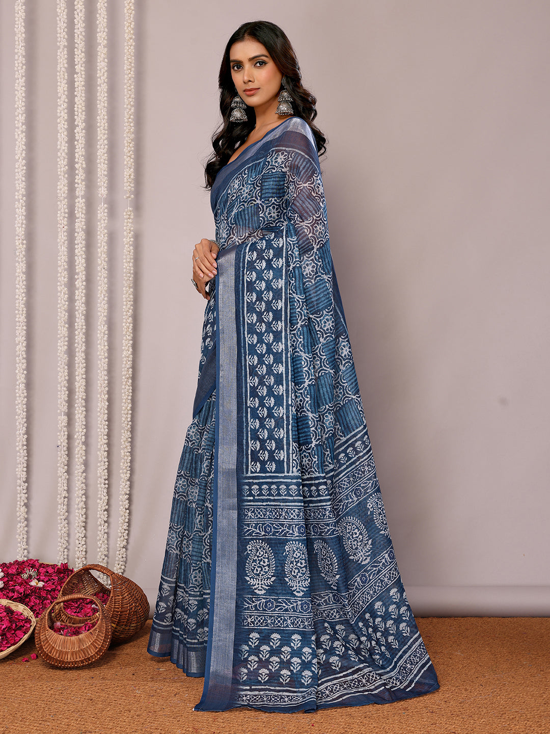 Janasya Navy Blue Cotton Linen Block Print Printed Saree