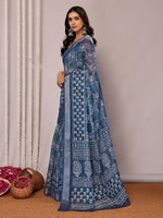Thumbnail for Janasya Navy Blue Cotton Linen Block Print Printed Saree