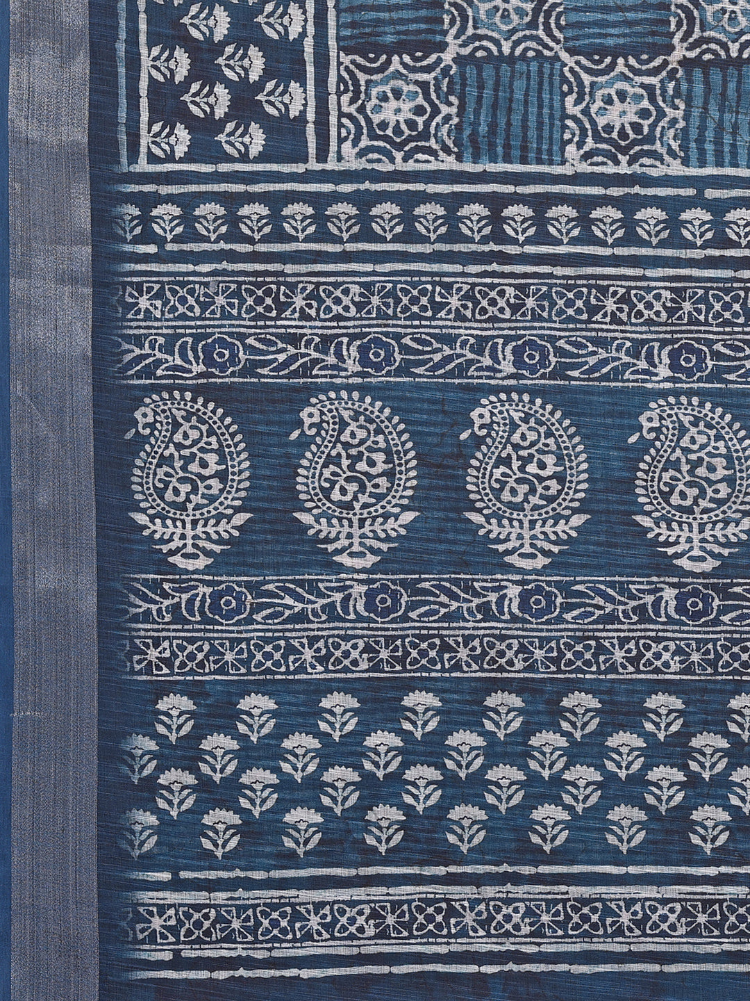 Janasya Navy Blue Cotton Linen Block Print Printed Saree