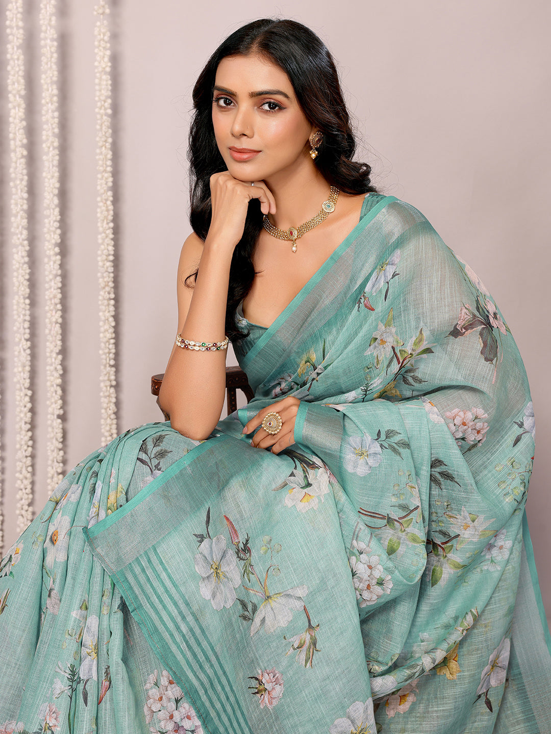 Janasya Sage Green Cotton Linen Floral Printed Saree