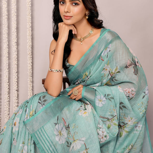 Janasya Sage Green Cotton Linen Floral Printed Saree