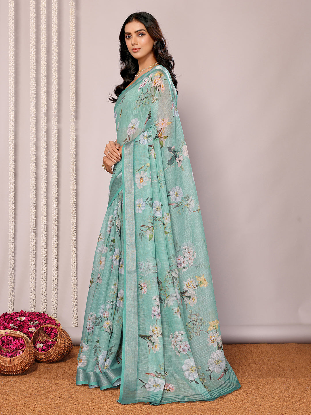 Janasya Sage Green Cotton Linen Floral Printed Saree