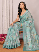 Thumbnail for Janasya Sage Green Cotton Linen Floral Printed Saree