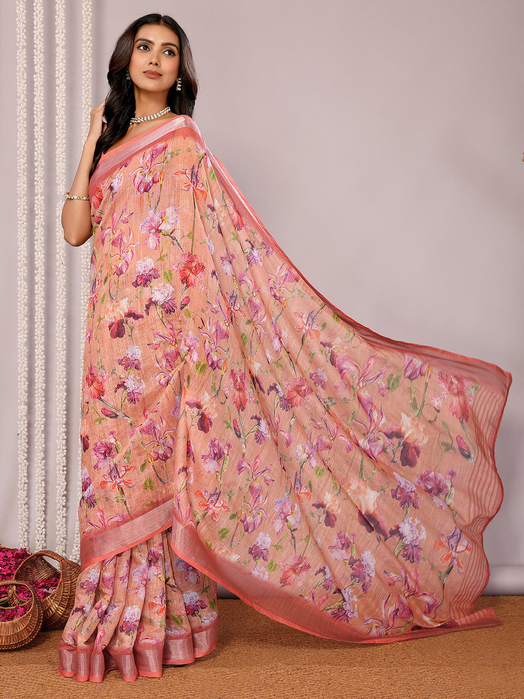 Janasya Peach Cotton Linen Floral Printed Saree