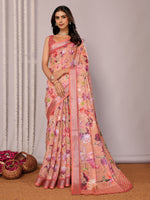 Thumbnail for Janasya Peach Cotton Linen Floral Printed Saree