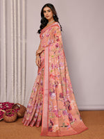 Thumbnail for Janasya Peach Cotton Linen Floral Printed Saree