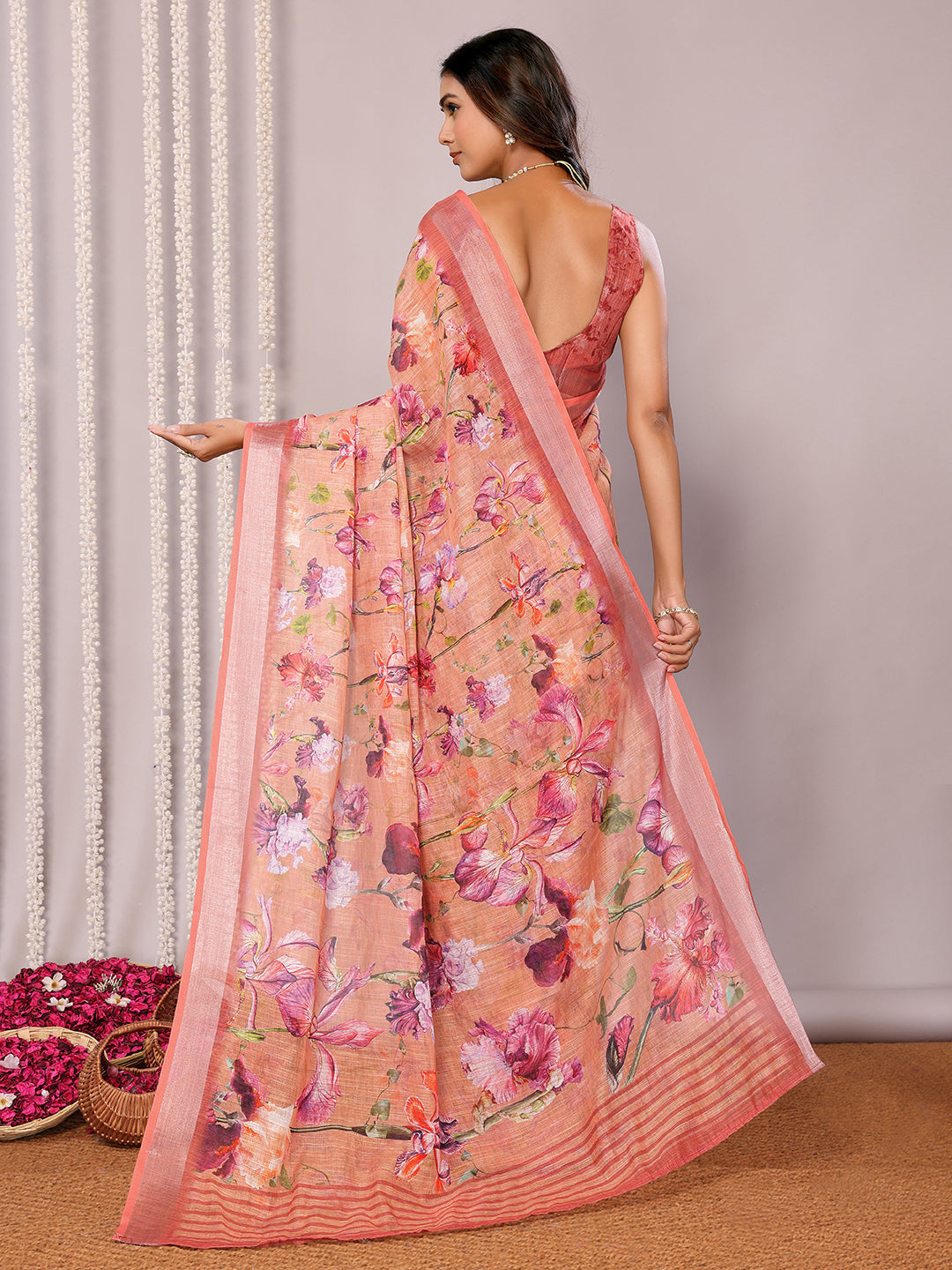 Janasya Peach Cotton Linen Floral Printed Saree