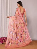 Thumbnail for Janasya Peach Cotton Linen Floral Printed Saree
