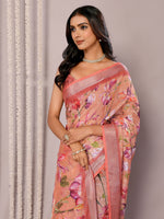 Thumbnail for Janasya Peach Cotton Linen Floral Printed Saree