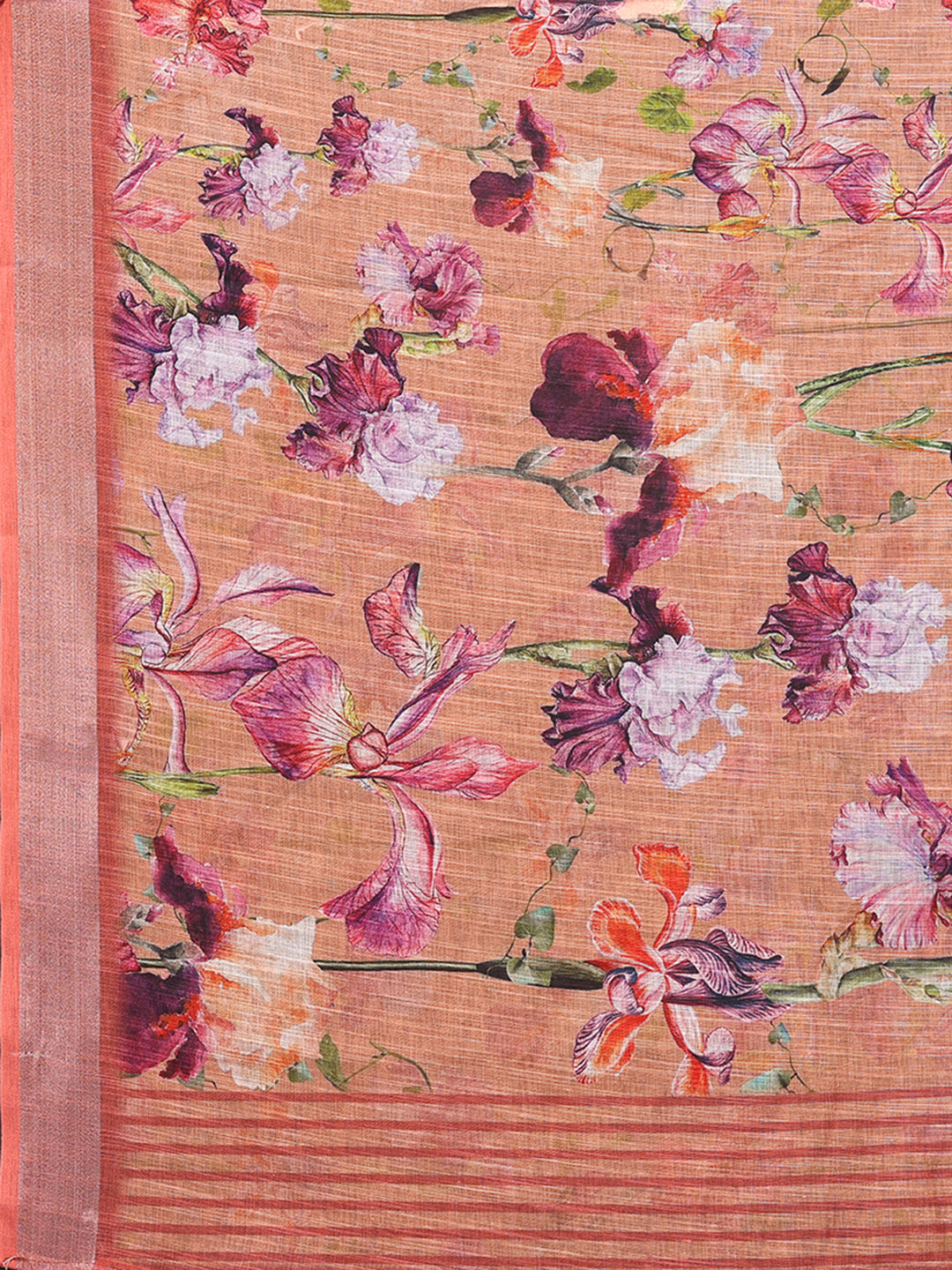 Janasya Peach Cotton Linen Floral Printed Saree