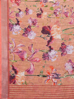 Thumbnail for Janasya Peach Cotton Linen Floral Printed Saree