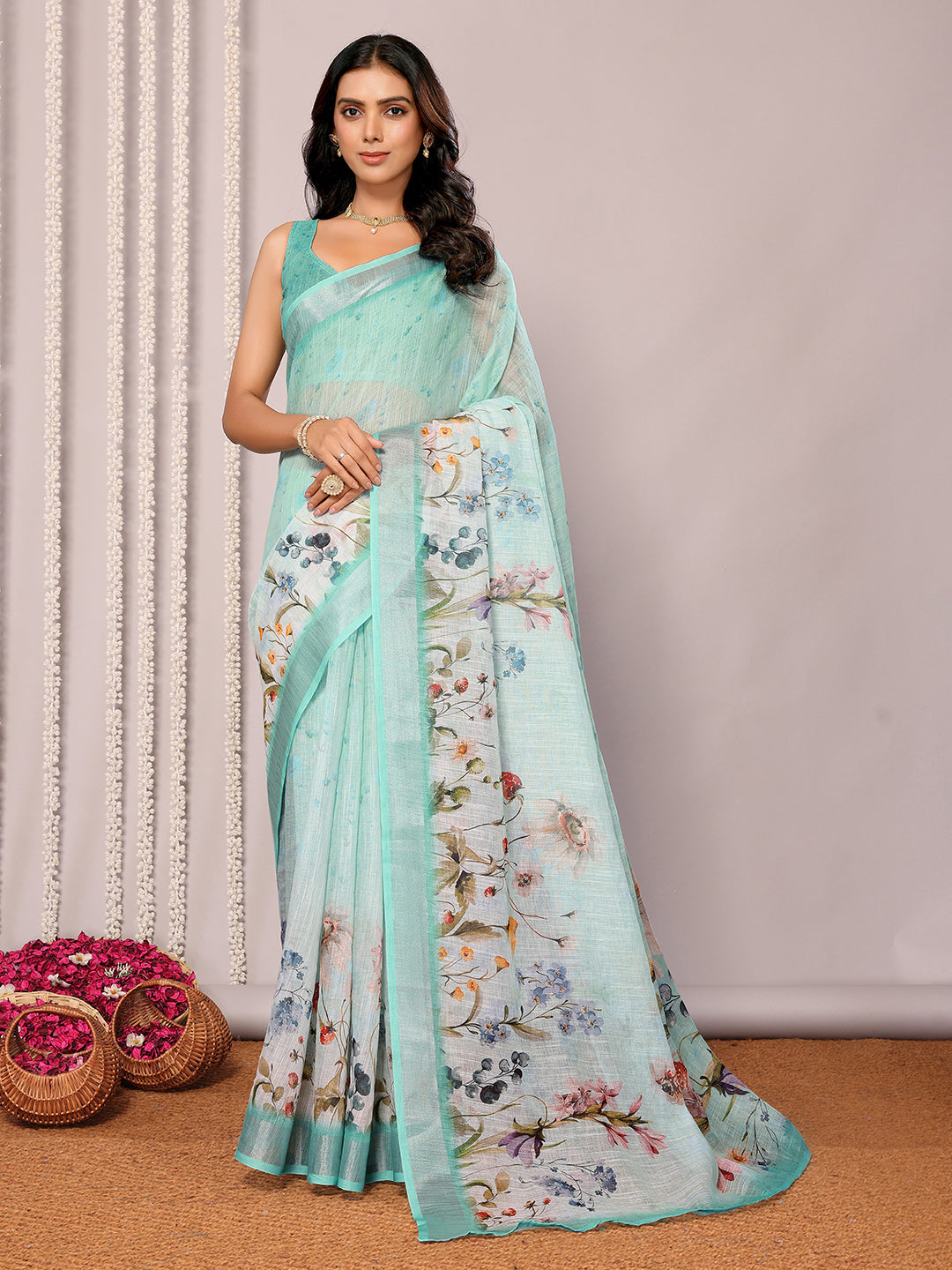 Janasya Sea Green Cotton Linen Floral Printed Saree