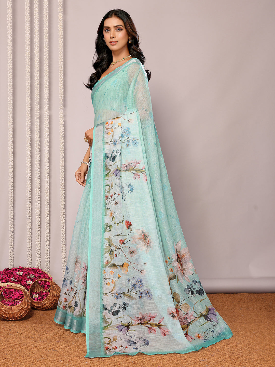 Janasya Sea Green Cotton Linen Floral Printed Saree