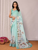 Thumbnail for Janasya Sea Green Cotton Linen Floral Printed Saree