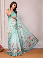 Thumbnail for Janasya Sea Green Cotton Linen Floral Printed Saree