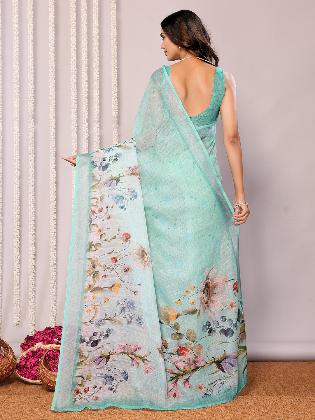 Janasya Sea Green Cotton Linen Floral Printed Saree