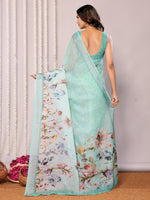 Thumbnail for Janasya Sea Green Cotton Linen Floral Printed Saree
