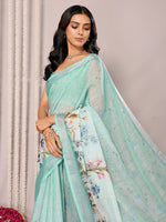 Thumbnail for Janasya Sea Green Cotton Linen Floral Printed Saree
