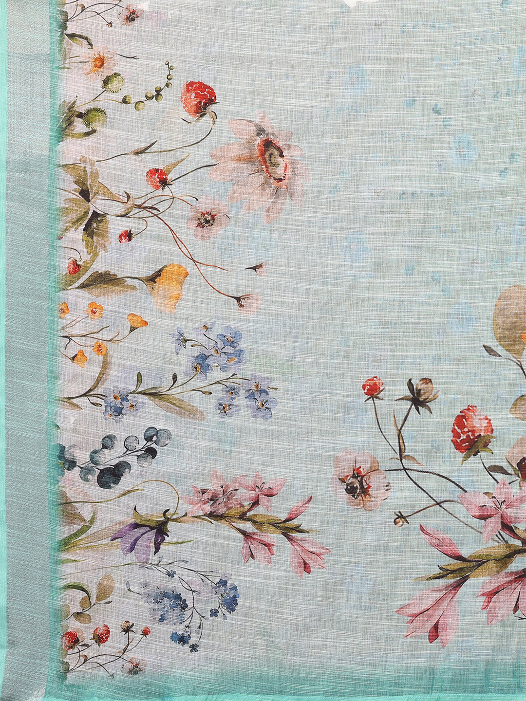Janasya Sea Green Cotton Linen Floral Printed Saree