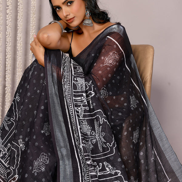Janasya Black Cotton Linen Polka Printed Saree