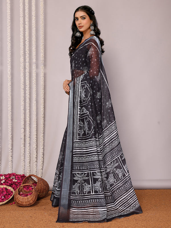 Janasya Black Cotton Linen Polka Printed Saree