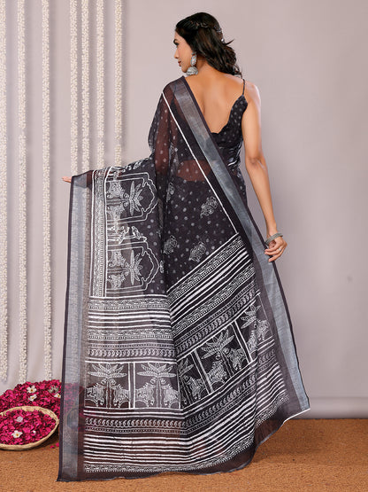 Janasya Black Cotton Linen Polka Printed Saree - Distacart