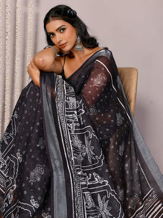 Janasya Black Cotton Linen Polka Printed Saree
