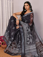 Thumbnail for Janasya Black Cotton Linen Polka Printed Saree