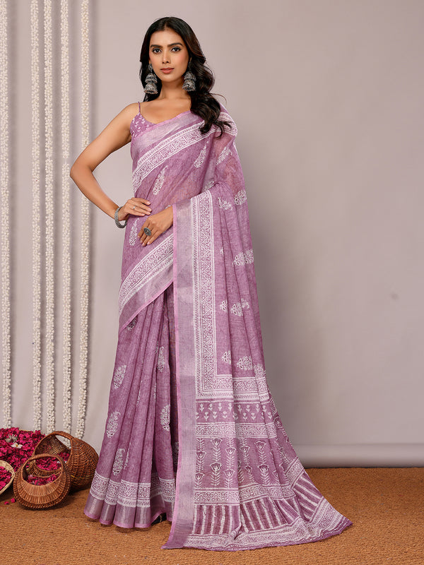 Janasya Mauve Cotton Linen Block Print Printed Saree