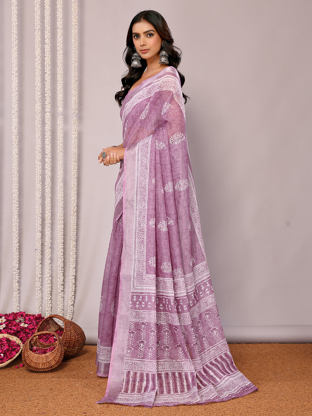 Janasya Mauve Cotton Linen Block Print Printed Saree