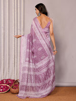 Thumbnail for Janasya Mauve Cotton Linen Block Print Printed Saree