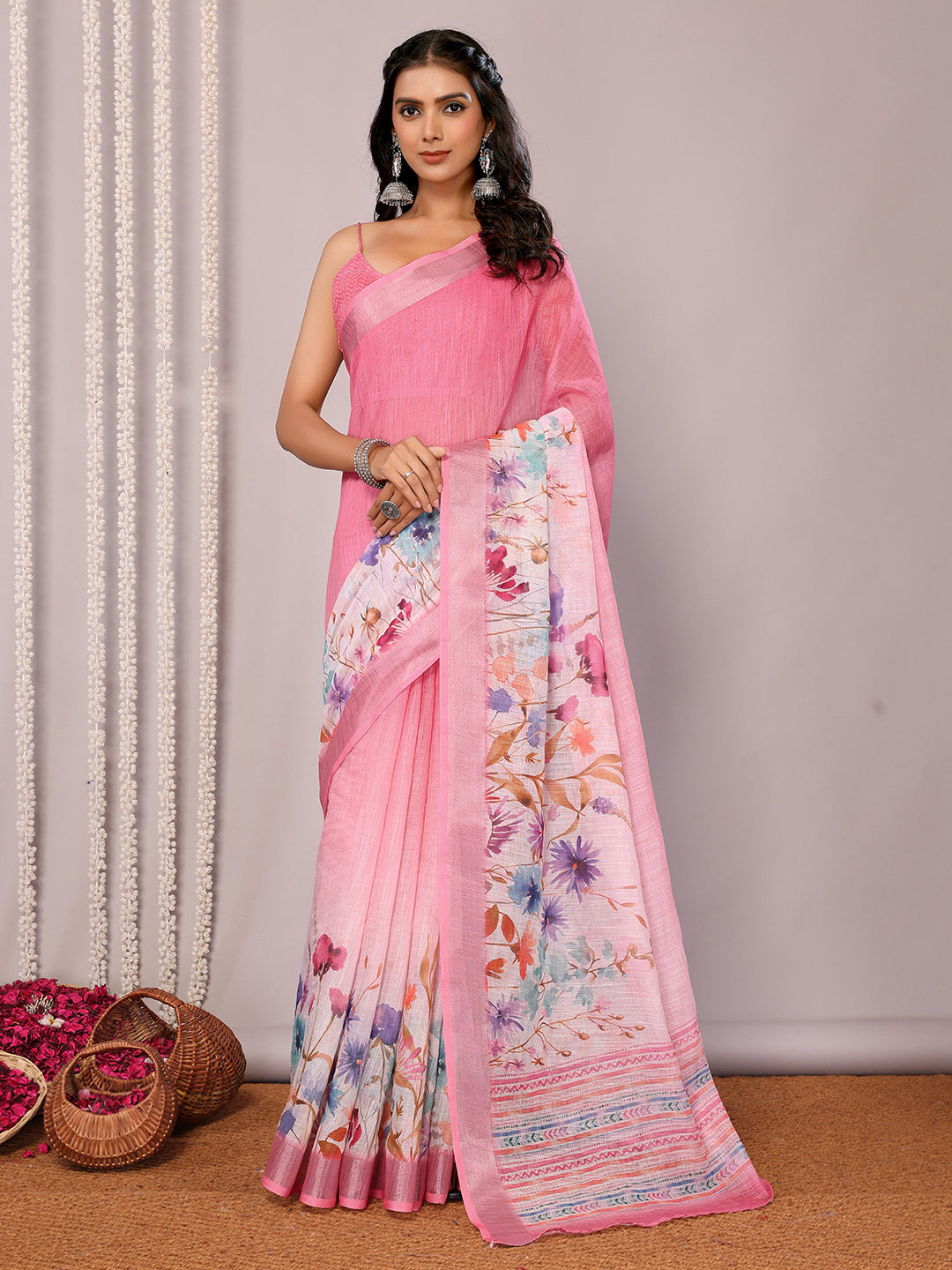 Janasya Pink Cotton Linen Floral Printed Saree
