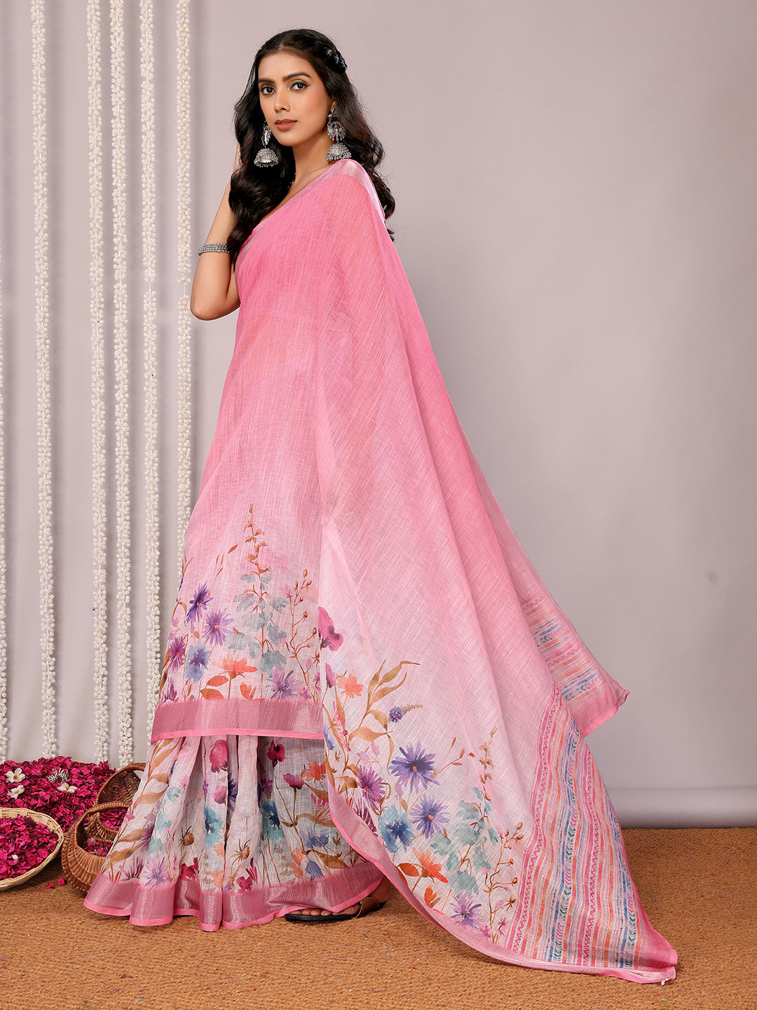 Janasya Pink Cotton Linen Floral Printed Saree