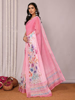Thumbnail for Janasya Pink Cotton Linen Floral Printed Saree