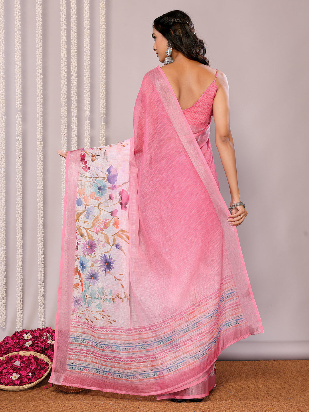 Janasya Pink Cotton Linen Floral Printed Saree