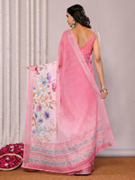 Thumbnail for Janasya Pink Cotton Linen Floral Printed Saree