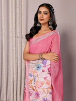Thumbnail for Janasya Pink Cotton Linen Floral Printed Saree
