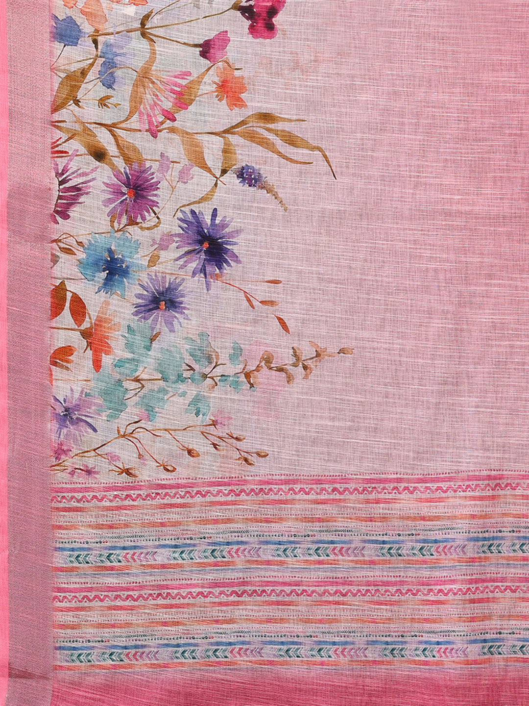 Janasya Pink Cotton Linen Floral Printed Saree
