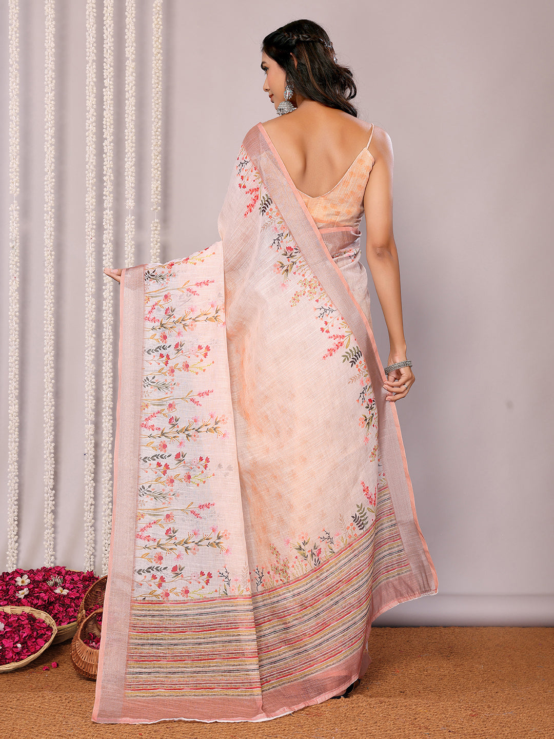 Janasya Peach Cotton Linen Floral Printed Saree