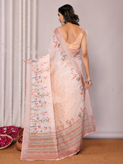 Janasya Peach Cotton Linen Floral Printed Saree - Distacart