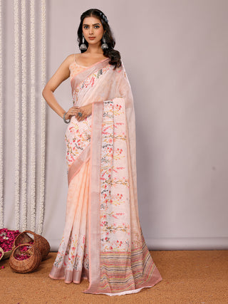 Janasya Peach Cotton Linen Floral Printed Saree