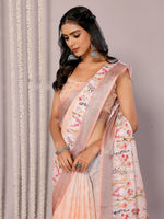Thumbnail for Janasya Peach Cotton Linen Floral Printed Saree