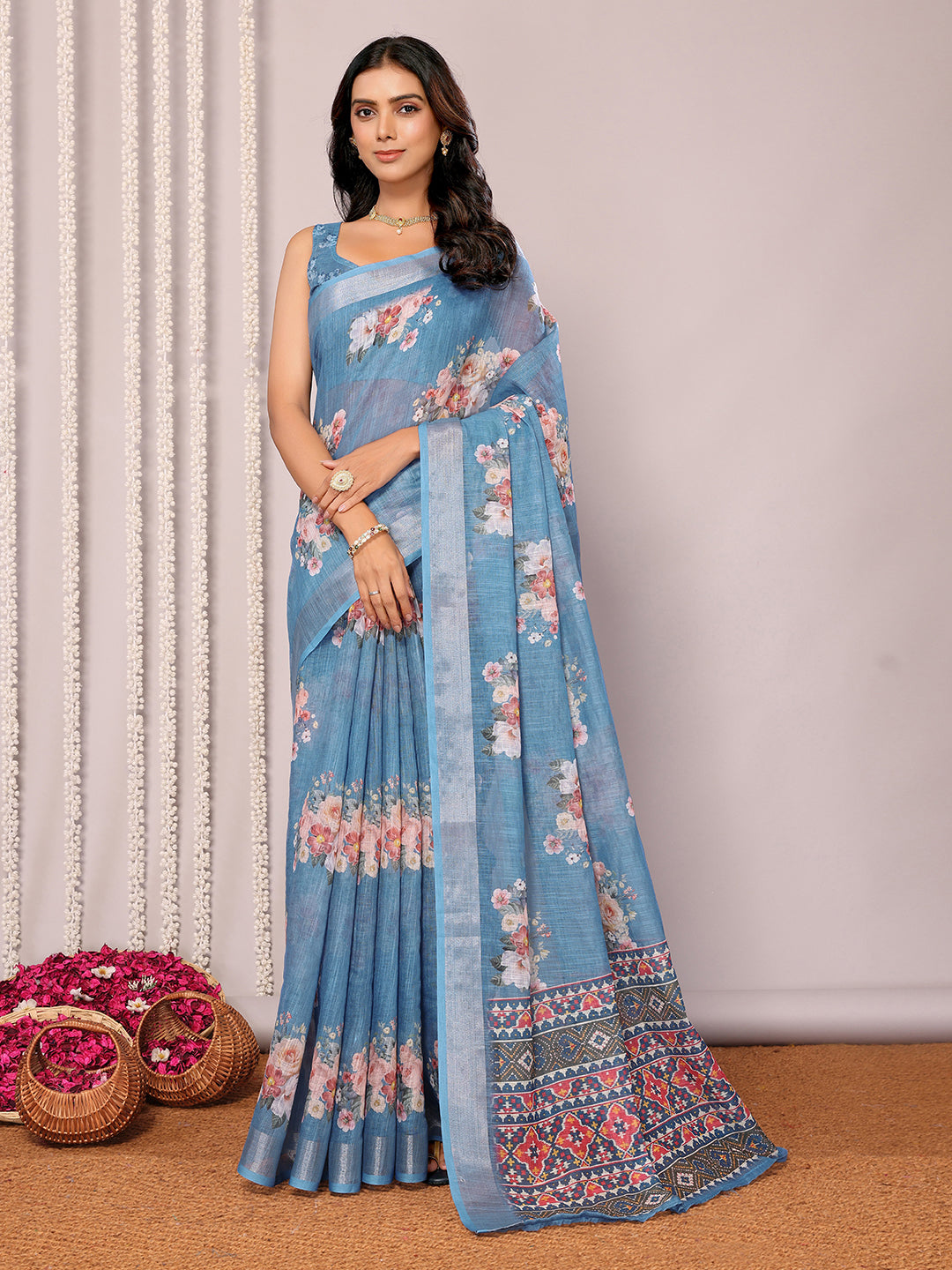 Janasya Blue Cotton Linen Floral Printed Saree
